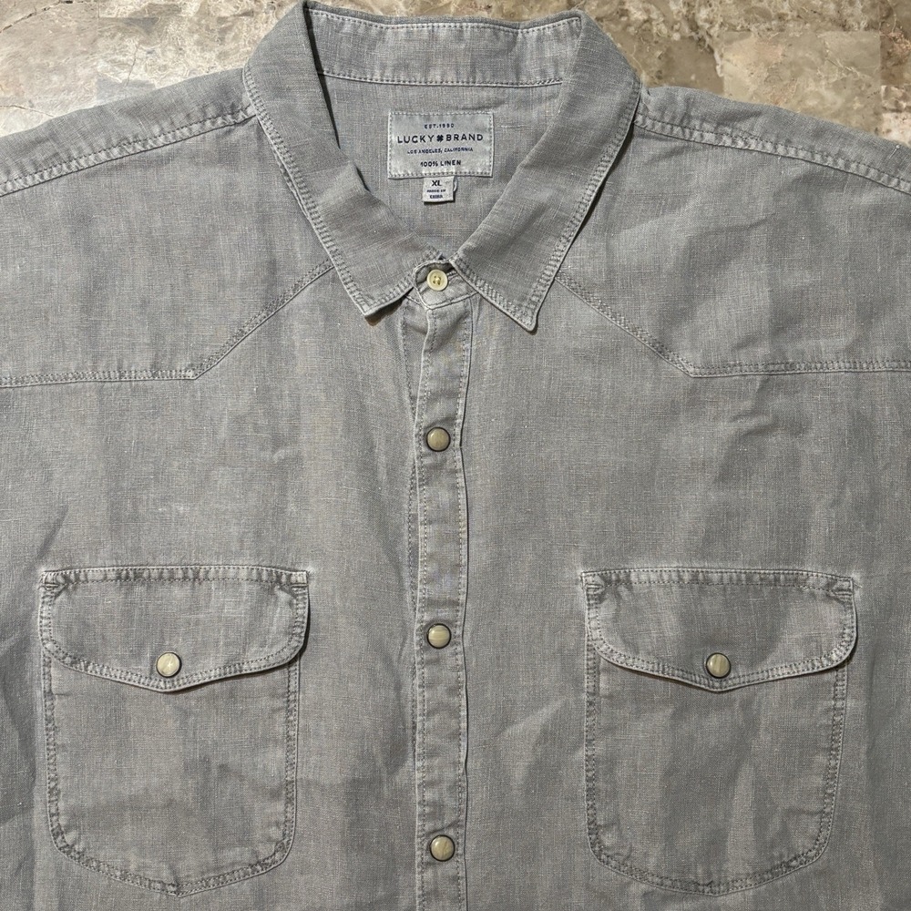 Lucky Brand Pearl Snap Shirt Mens XL Grey 100% Linen Short Sleeve Western